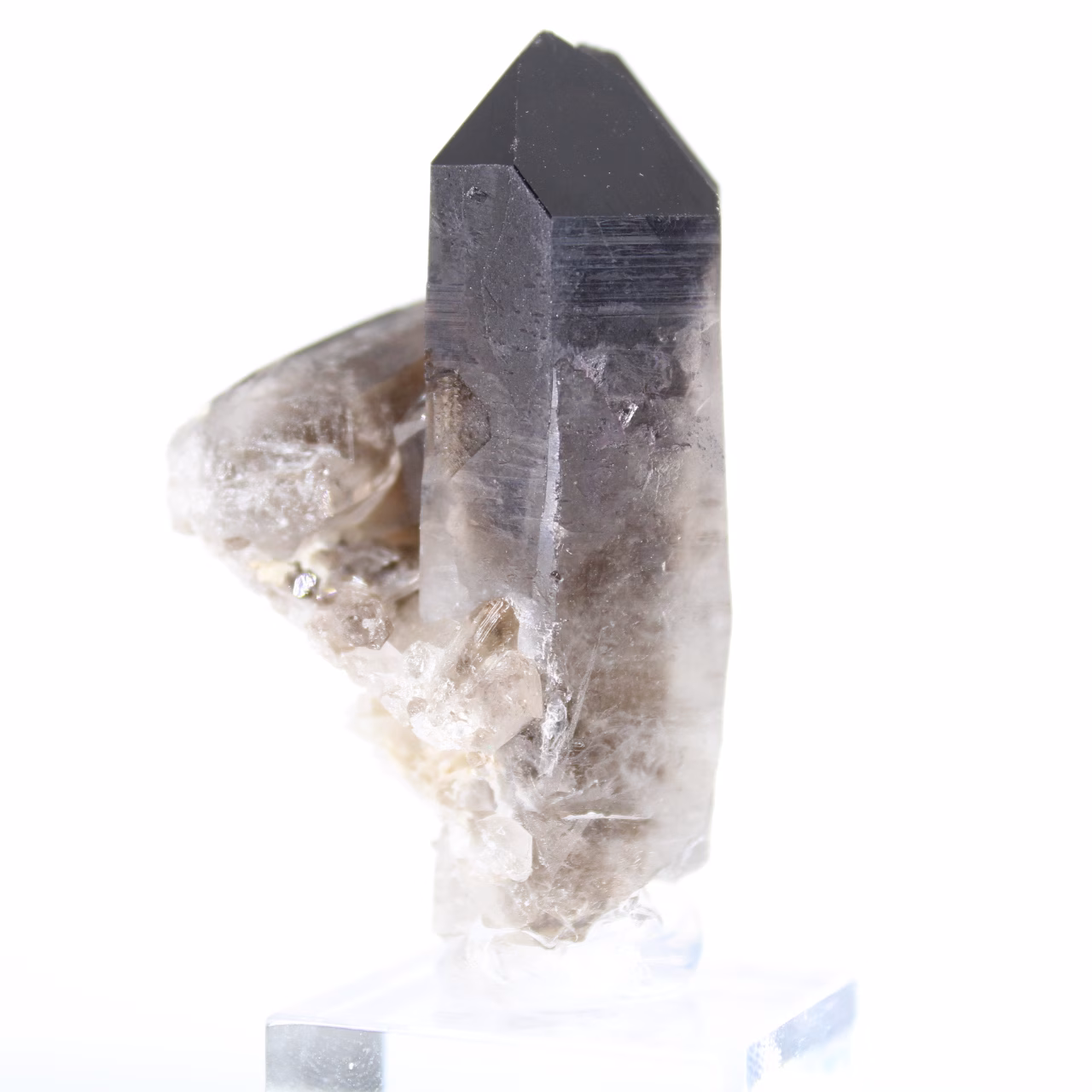 Mini morion quartz crystal from Brazil, black stone on a stand